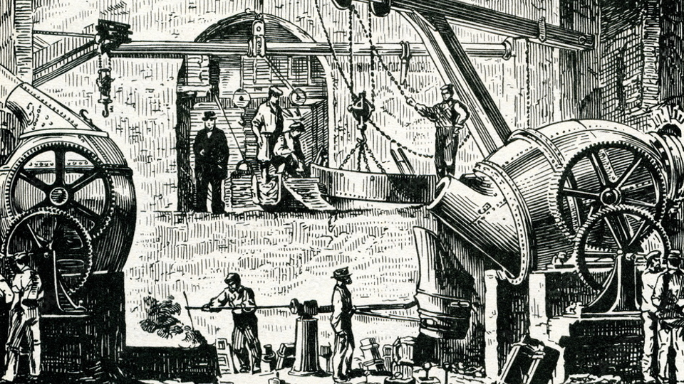 A drawing of two Bessemer Convertors in action