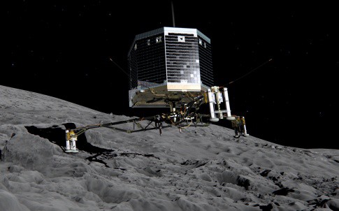 来自动画的静态图像，菲莱从罗塞塔分离并下降到67P/Churyumov-Gerasimenko彗星表面。
